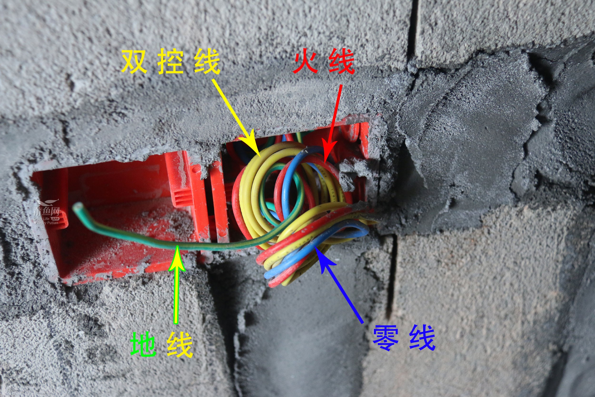 黄色双控线,绿色单控线,红色火线,蓝色零线,双色地线